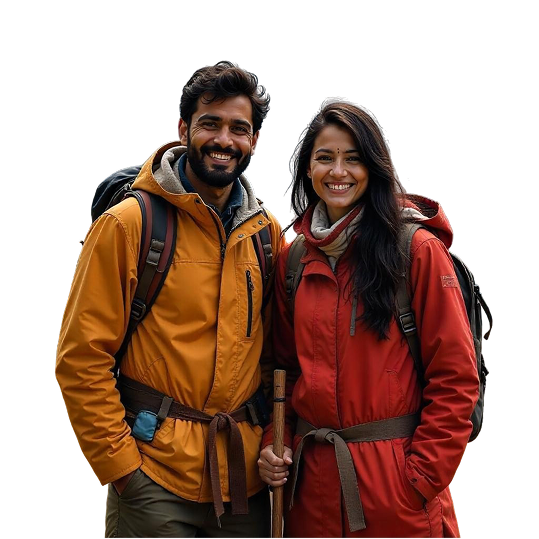 Happy travelers with backpacks